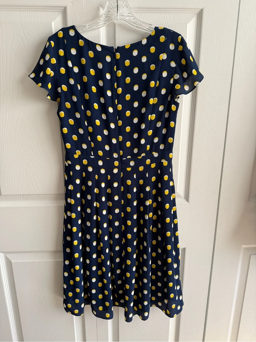 Navy Polka Dot Fit-and-Flare Dress talbots knee length- Yellow & White Dots 4p